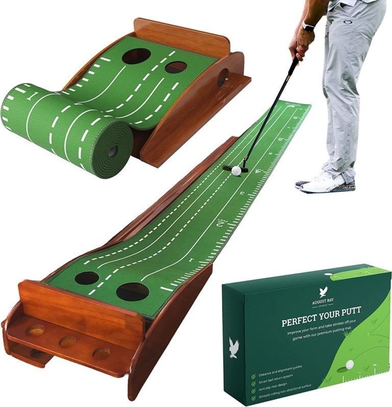 Putting Green, Premium Indoor and Outdoor Putting Mat with Auto Ball Return, Game Training Practice for Home, Office and Backyard, Crystal Velvet Mat with Solid Pine Wood Base