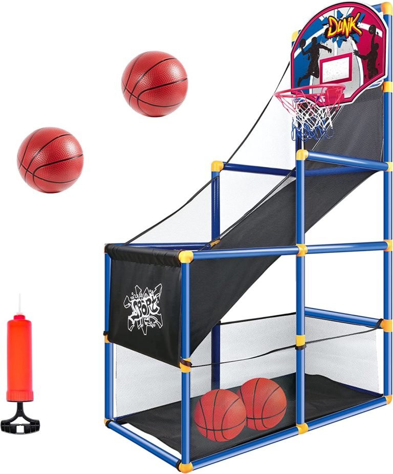 Kids Arcade Basketball Game Set with 4 Balls and Hoop for Kids Indoor Outdoor Sport Play – Easy Set Up – Air Pump Included – Ideal for Games and Competition