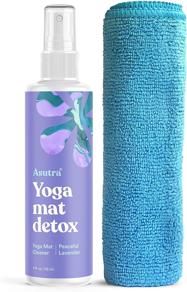 Natural & Organic Yoga Mat Cleaner (Peaceful Lavender Aroma), Safe for All Mats & No Slippery Residue | Cleans, Restores, Refreshes | Comes w/ Microfiber Cleaning Towel
