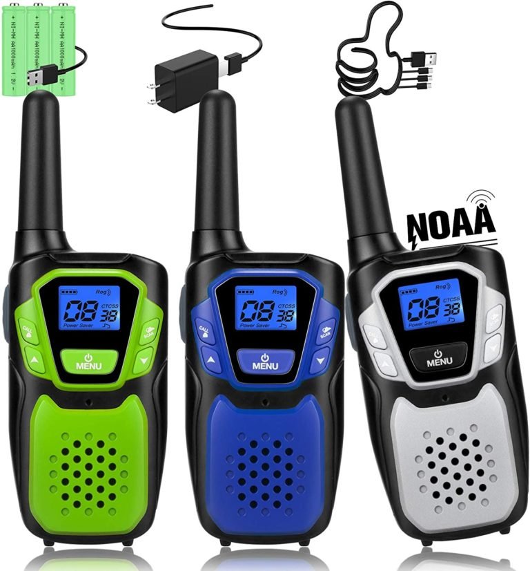 Rechargeable, Easy to Use Long Range Walky Talky Handheld Two Way Radio with NOAA for Hiking Camping (1Blue & 1Green & 1Silver with Relugar Micro-USB Charger/Batteries)